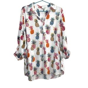 Sigrid Olsen Pineapple Novelty Multicolor Print Linen Blend Top With Pockets
